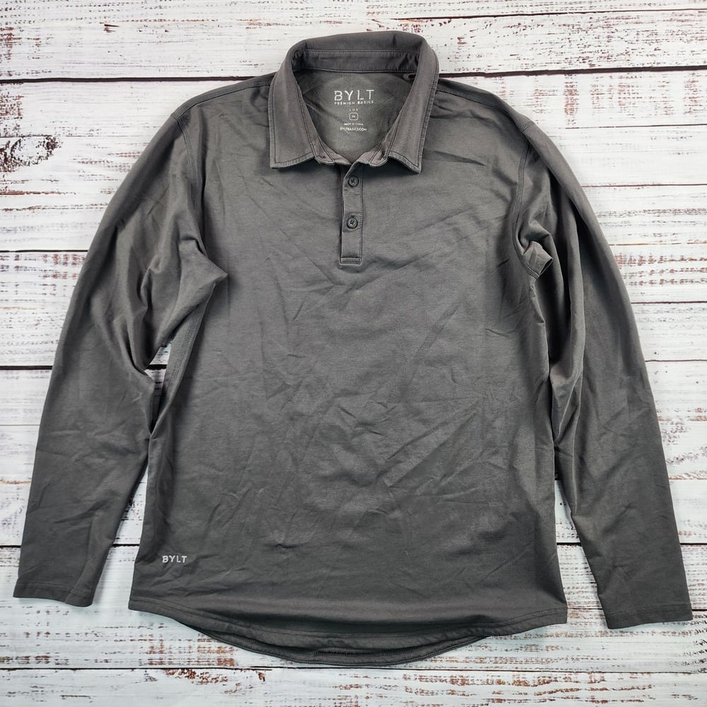 BYLT Executive Long Sleeve Polo Shirt Mens Medium M Charcoal Gray Lux Stretch